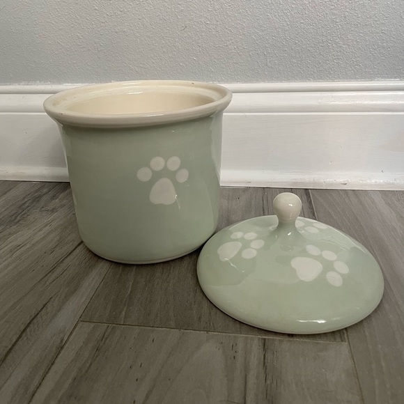 Ceramic lidded dog treat Jar. Sea foam green with white paws. - Picture 2 of 6